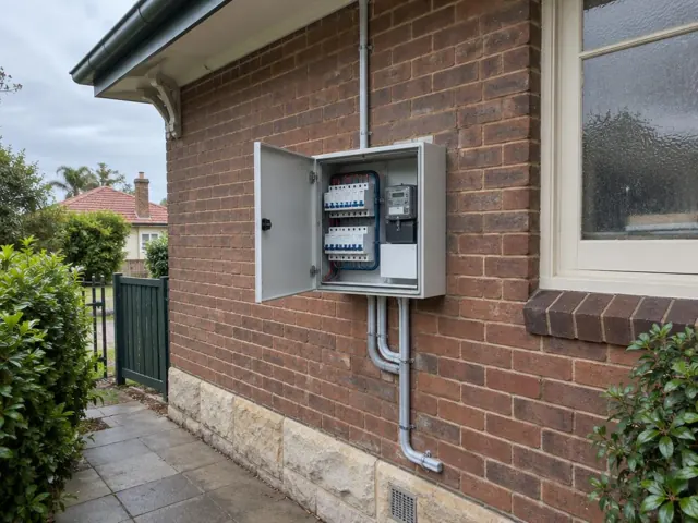 Exterior brick wall with open electrical switchboard cabinet and conduit beside a window in Coogee